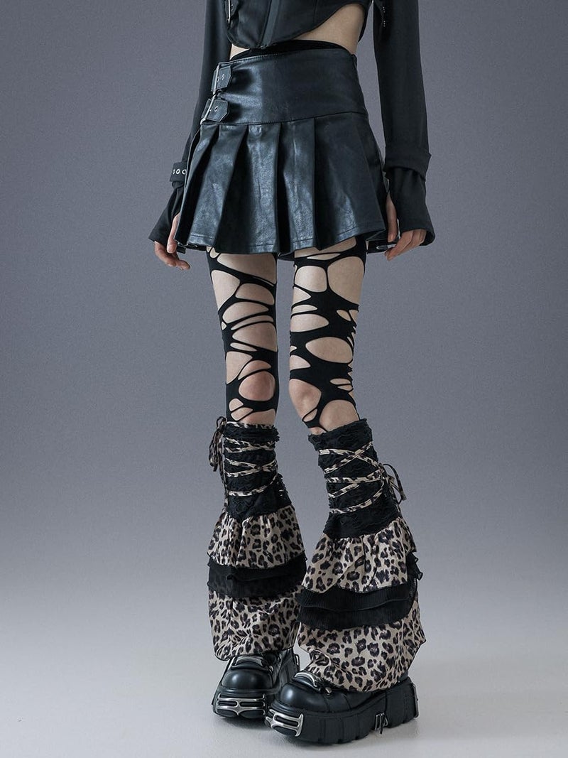 IKIOU Gothic Y2K Leg Warmers, Black Leopard Print Ruffled Design, One Size, Alternative Fashion Punk Style Leg Sleeves with Decorative Straps - Image 4